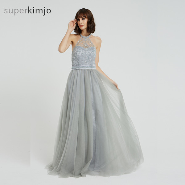 Real Picture Prom Dresses Crystal Beading Grey Color A Line Tulle Floor Length Evening Dresses Gowns