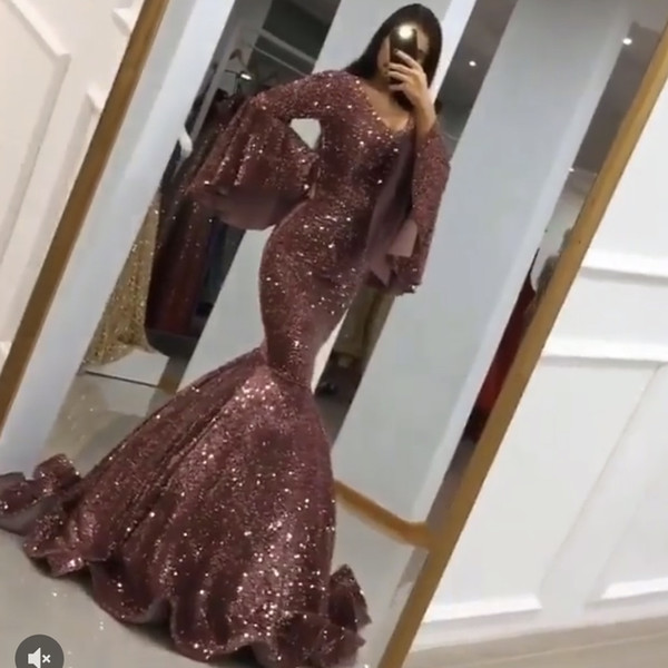 Wine Red Prom Dresses V Neck Long Sleeve Poet Sleeve Puffy Mermaid Women Evening Dresses Party Dresses Arabic