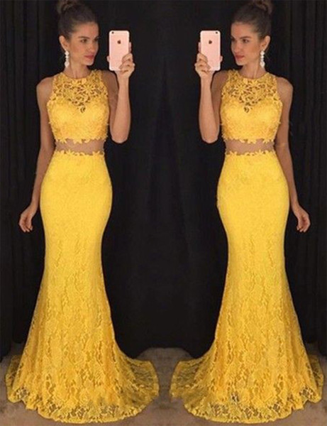 Sexy Two Pieces Yellow Mermaid Prom Dresses Jewel Neck Sleeveless Floor Length Long Evening Party Gowns Custom