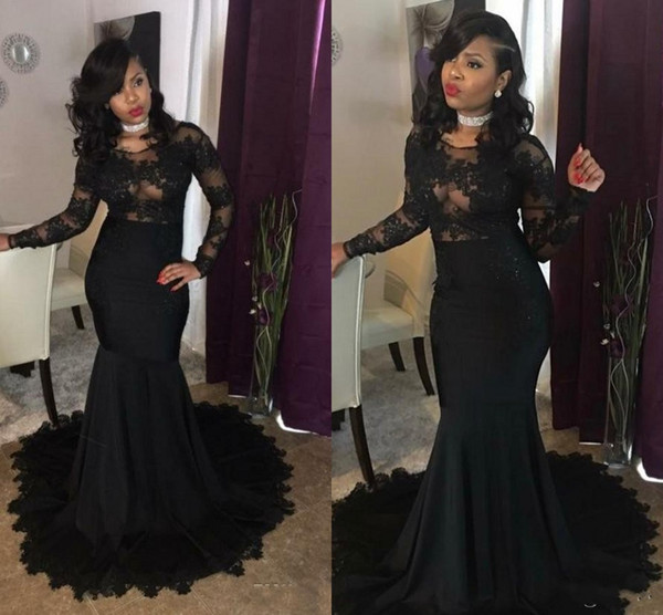 Sexy Black Mermaid Prom Dresses Long Sleeve Sheer Neck Appliques Beaded Sweep Train Illusion Bodice Long Evening Party Gowns Africa