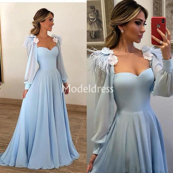 Arabric Prom Dresses Sheer Sleeves A-line Flowers Sweep Train Formal Party Evening Gowns Chiffon Unique Design Special Occasion Dresses