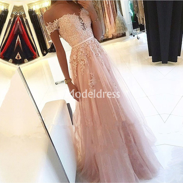 Pink Lace Prom Dresses Off Shoulder A-Line Floor Length Special Occasion Dresses Appliques Tulle Sexy Evening Gowns Vestidos De Fiesta