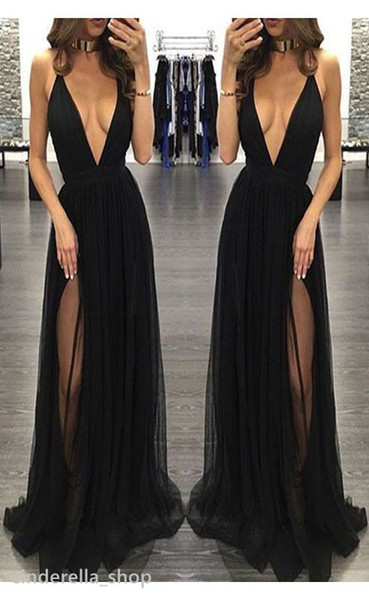 Newest High Slit Black Prom Dresses Spaghetti Deep V-Neck Sleeveless Long Party Dresses Evening Wear Sexy Elegant Cheap Custom Made