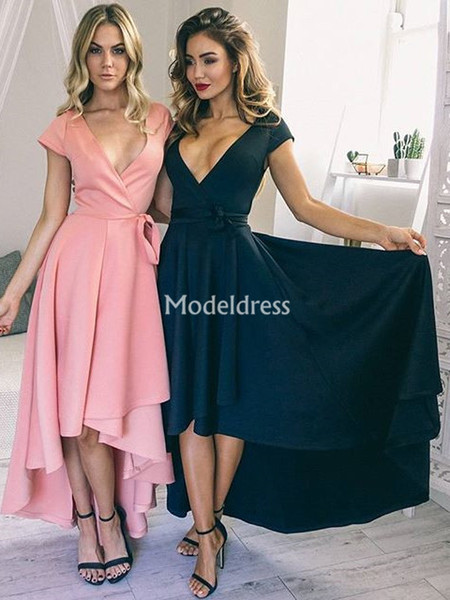 Vintage 1950s Style Prom Dresses High-Low Deep V-Neck Cap Sleeves Sashes Evening Party Gowns Elegant Special Occasion Dresses Vestidos