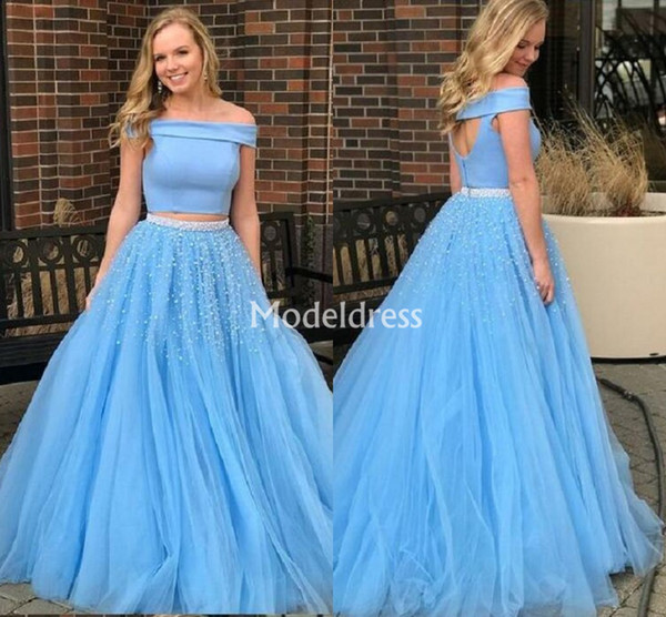 Two Piece Light Blue Prom Dresses Off Shoulder Open Back Floor Length Formal Party Evening Gowns Pearls Modest Special Occasion Dresses