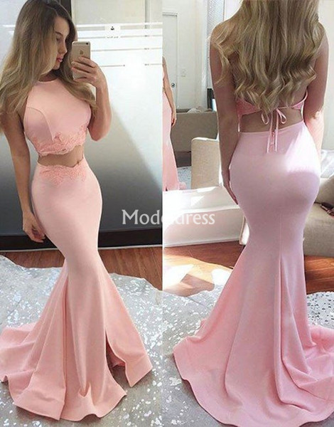 Hot Sale Pink Mermaid Prom Dresses Two Pieces Halter Backless Appliques Sweep Train Special Occasion Dresses Elegant Party Evening Gown