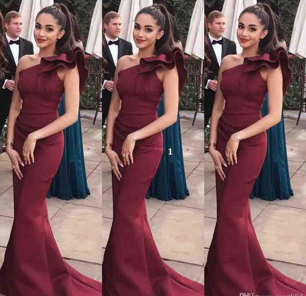 Dark Red One Shoulder Mermaid Prom Dresses Sweep Train Cascading Ruffles Long Formal Evening Party Gowns Vestidos De Fiesta Plus Size