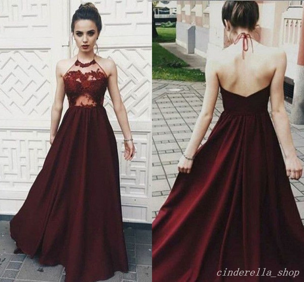 Sexy Back Burgundy Prom Dresses Halter Backless Sweep Train Long Appliques Formal Girls Evening Party Gowns Vestidos De Fiesta Arabic