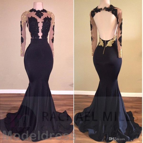 Black Sexy Mermaid Prom Dresses African Sheer Long Sleeve Jewel Open Back Gold Appliques Sweep Train Evening Party Gowns Customized