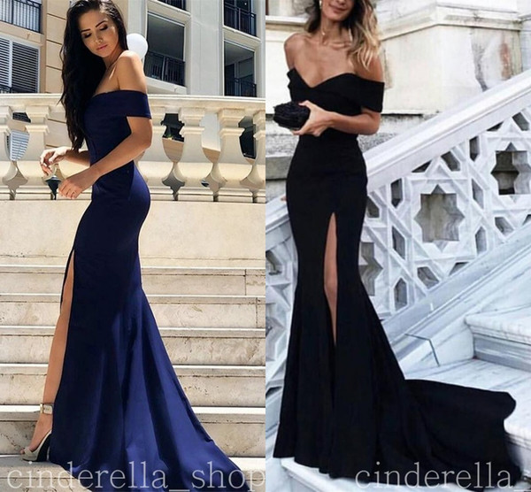 Black Mermaid Prom Dress Off Shoulder Backless Side Split Sweep Train Satin Long Evening Party Gowns Cheap Customized