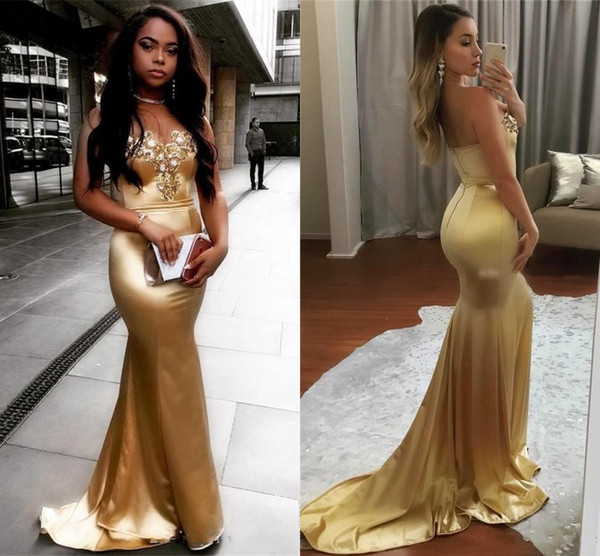 Gold Africa Mermaid Prom Dress Sweet Heart Backless Sweep Train Appliques Crystal Beaded Long Black Girl Evening Party Gowns Cheap