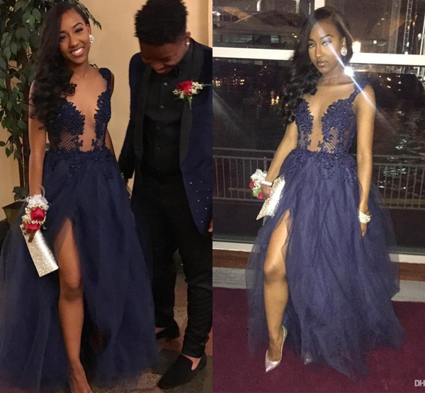 Arabic Navy Blue Prom Dresses High Slit Sheer Neck Illusion Bodice Appliques A Line Floor Length Long Africa Party Evening Gowns Cheap