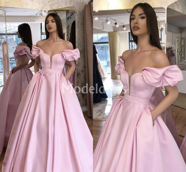 Puffy Sleeves Off Shoulder Pink Prom Dresses New Ball Gown Satin Vestido Loose Evening Party Gowns with Pocket Special Occasion Dresses