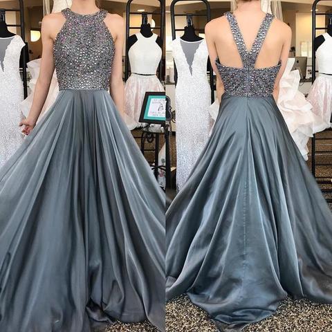 New Gray Prom Dresses A Line Jewel Neck Sleeveless Backless Top Beading Sweep Train Chiffon Long Evening Party Gowns Cheap Arabic