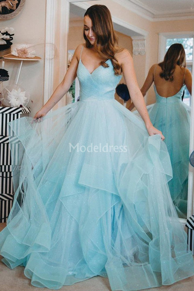 Stylish Light Blue Prom Dresses With Horsehair Trim Spaghetti V Neck Sleeveless Backless Sweep Train Formal Party Evening Gowns Hot Vestidos