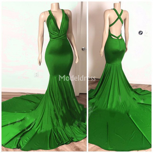 Stylish Green Mermaid Prom Dresses Deep V Neck Open Back Court Train Special Occasion Dresses Elegant Formal Party Evening Gowns Vestidos