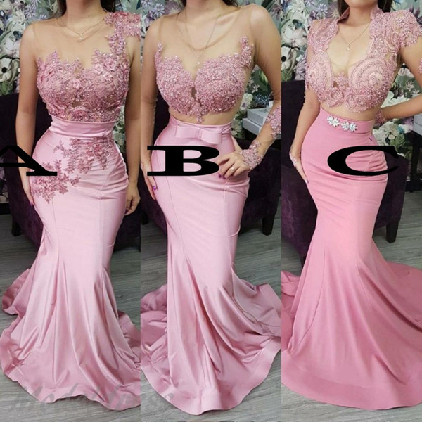 African Sexy Mermaid Prom Dresses V-Neck Illusion Beaded Pink Appliques Sweep Train Long Sleeve Evening Party Gowns Plus Size Custom