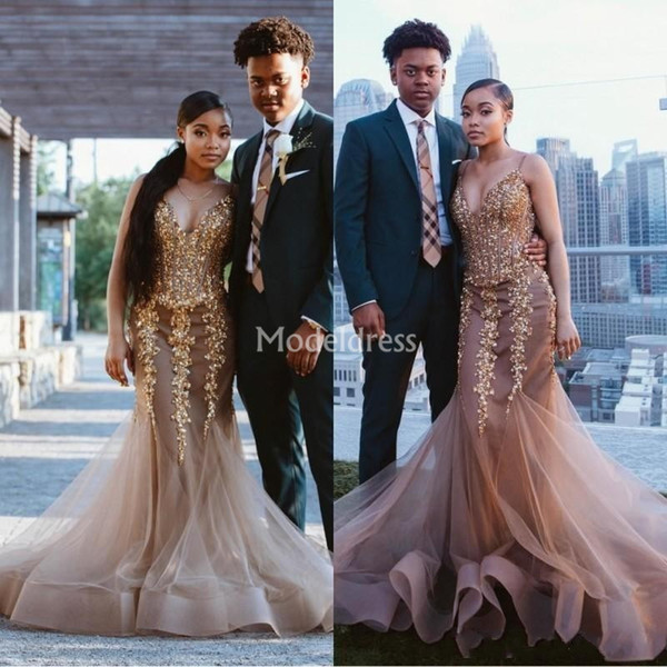 Arabric Mermaid Prom Dresses New Black Girl Spaghetti Deep Neck Sweep Train Beading Special Occasion Dresses Crystal Sexy Formal Party Gowns