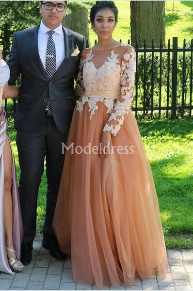 Arabric Lace Illusion Bodice Prom Dresses Floor Length Formal Party Gowns A-Line Long Sleeves Special Occasion Dresses Elegant Vestidos