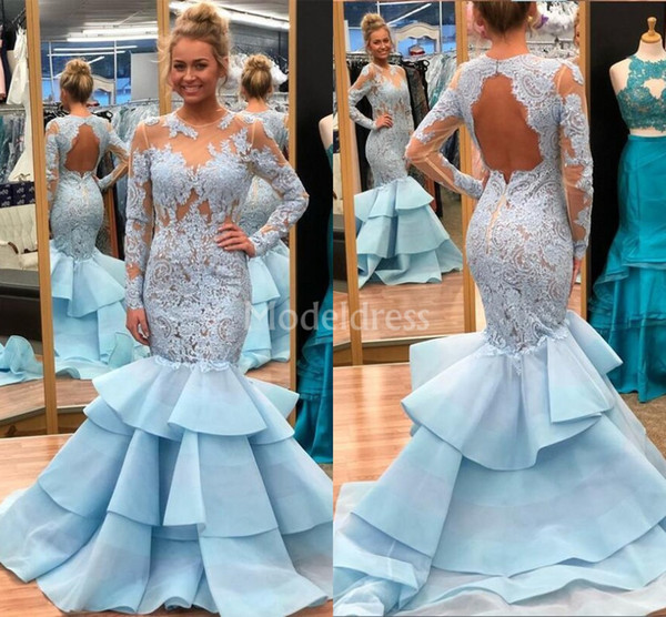 Gorgeous Lace Mermaid Prom Dresses Long Sleeves Open Back Illusion Sweep Train Special Occasion Dress With Tiered Skirt Formal Party Gowns