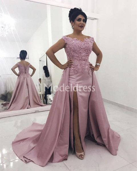 High Side Split Prom Dresses With Detachable Train Off Shoulder Blush Pink Appliques Formal Evening Party Gowns Elegant Vestidos De Fiesta