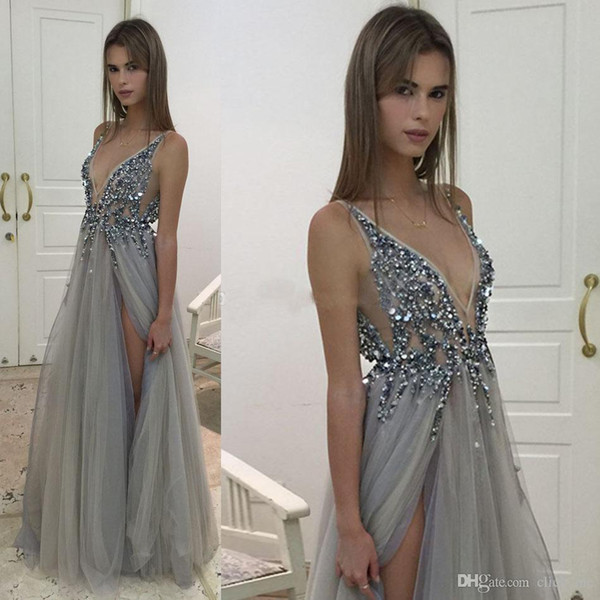 Split Evening Dresses Plunging Neckline Crystal Prom Gowns Custom made Tulle Evening Party Dress Real Pictures Backless Party Gowns H189