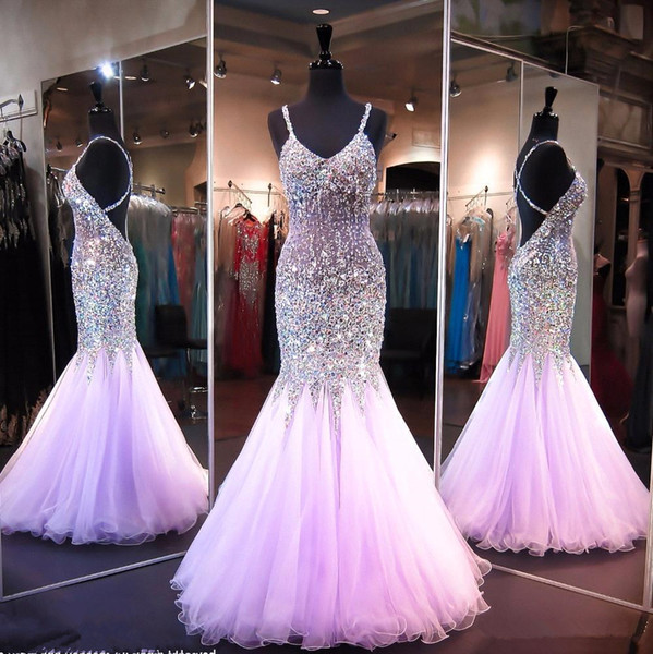 Latest Light Purple Mermaid Long Prom Dresses Beaded Crystal Long Pageant Dresses Criss Cross Back Evening Prom Gown Fiesta HY0633