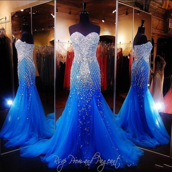 Royal Blue Mermaid Long Prom Dresses Pageant Women Sexy Sweetheart Vestido Luxury Beaded Crystal Vestidos De Gala Tulle Pageant Gowns