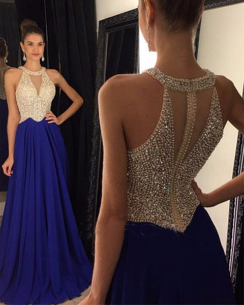 A-Line Prom Dresses Sexy Sheer Corset Party Dresses Backless Navy Blue Prom Dresses With Crystal HY1554