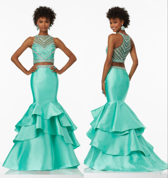 New Design Satin Mint Green Prom Dresses Mermaid Evening Dresses Two Pieces Tiered Beaded Sweep Train Prom Formal Party Gowns DH4279