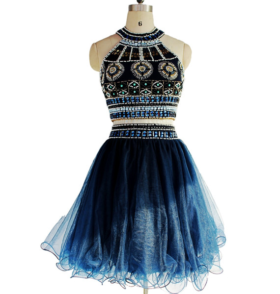 Navy Short Prom Dresses Two Pieces Prom Dresses Beaded Graduation Party Dresses Custom Made Homecoming Gowns DH726