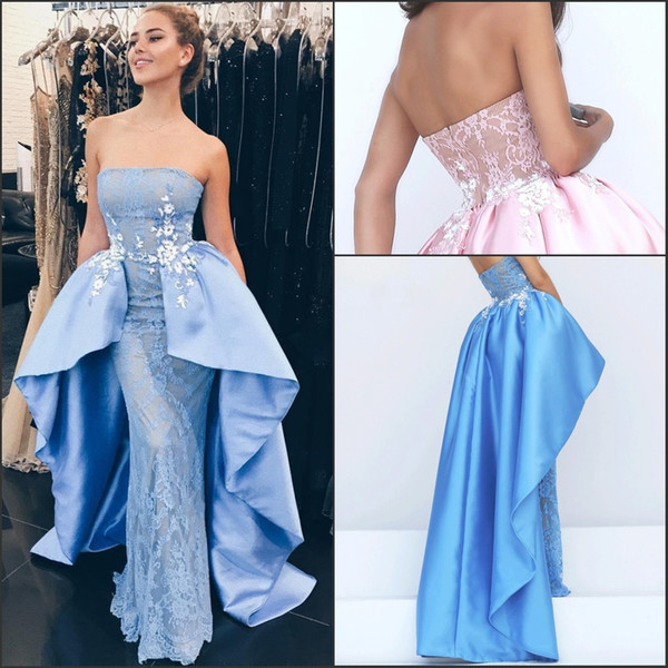 Gorgeous Strapless Blue Party Dresses With Satin Train Lace Appliques Sheath Lace Dresses Evening Wear Zipper Back Dubai African Prom Dress