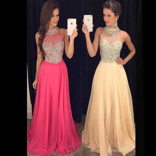 Dew Luxury Slim Set To Drill Prom Dresses Chiffon Round Neck Back Long Hollow Party Long Evening Dresses HY1542