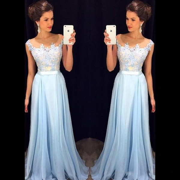 Elegant Light Sky Blue Prom Dresses Sheer Neck Cap Sleeves Appliqued Chiffon Floor Length Formal Dresses Modest Evening Gowns DH4099