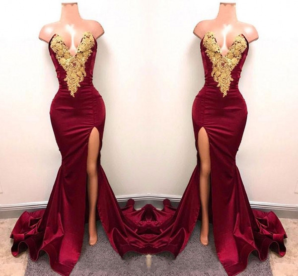 New Design 2K18 Sexy Burgundy Prom Dresses With Gold Lace Appliqued Mermaid Front Split For Long Party Evening Wear Gowns