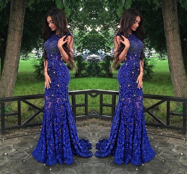 New Crew Neck Sleeveless Lace Beaded Mermaid Prom Dresses Long Sexy Backless Dresses Evening Wear Party Gowns Custom Made