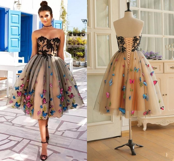 Real Images Knee Length Prom Dresses Colorful Butterfly Sweetheart Lace Appliques Cocktail Party Dresses Lace Up Back Dresses DH187