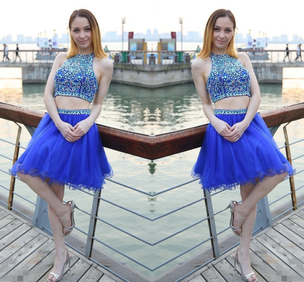 Short Homecoming Dresses Jewel Crystal Beaded Two Pieces Sexy Sleeveless Royal Blue Tulle A-line Cheap Cocktail Party Prom Dresses HY156