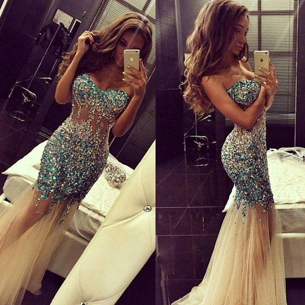 Sparkling Mermaid Prom Dresses Strapless Major Beading With Crystal Illusion Skirt Rhinestones Pageant Party Gowns Celebrity Wear HY00691