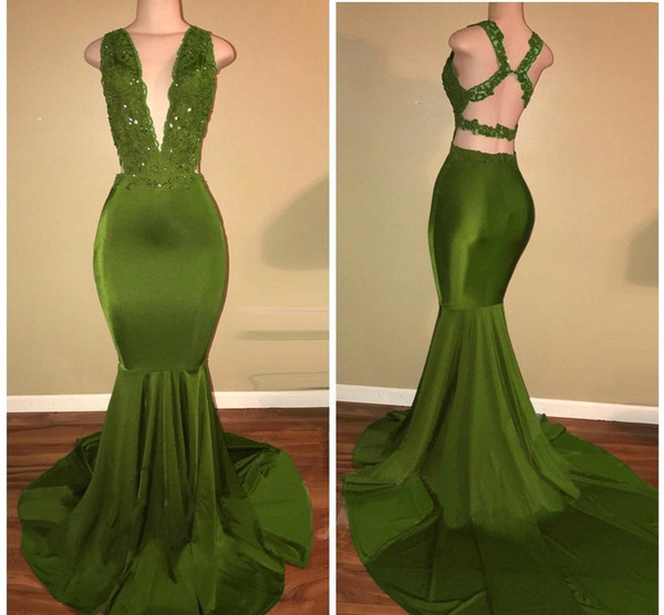 African Olive Green Mermaid Prom Dresses Satin Beaded Lace Appliqued Sweep Train Arabic Evening Party Gowns Evening Dresses HY212