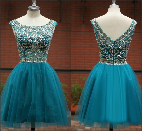 Fashion High Quality Crystal Beaded Scoop Neckline Tulle Short Homecoming Dresses A-Line Backless Sexy Prom Party Gowns HY1547