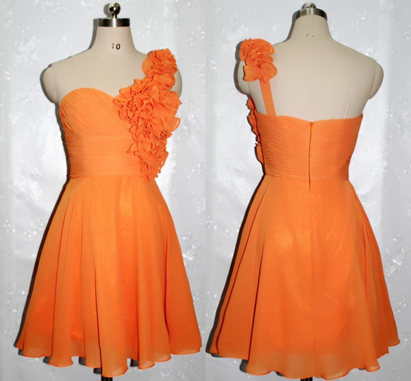 Hot Sale Orange Floral Embellished One-Shoulder A-Line Cocktail Dresses Beautiful Homecoming Gown Chiffon Ruched Short Prom Dresses HY1600