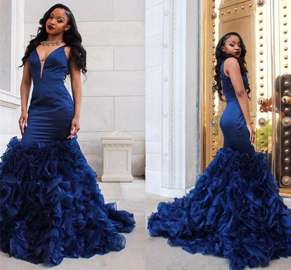 African Black Girl Royal Blue Mermaid Prom Dresses Sexy Deep V Neck Sleeveless Ruffles Organza Skirt Formal Party Dresses Evening Wear HY219