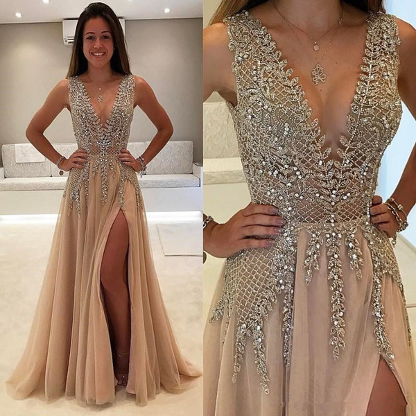 Beaded Side Split Prom Dresses Long Crystal Deep V Neck A Line Evening Gowns Formal Tulle Plus Size Party Prom Dresses