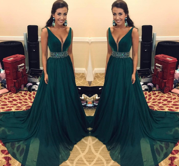 Hunter Green Prom Dresses Long With Sash Beads Sequins Chiffon Formal Dresses Evening Wear A Line Desp V Neck Cocktail Dresses Cheap HY179