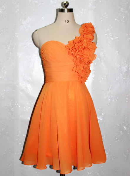 Hot Sale Orange Floral Embellished One-Shoulder A-Line Cocktail Dresses Beautiful Homecoming Gown Chiffon Ruched Short Prom Party Dresses