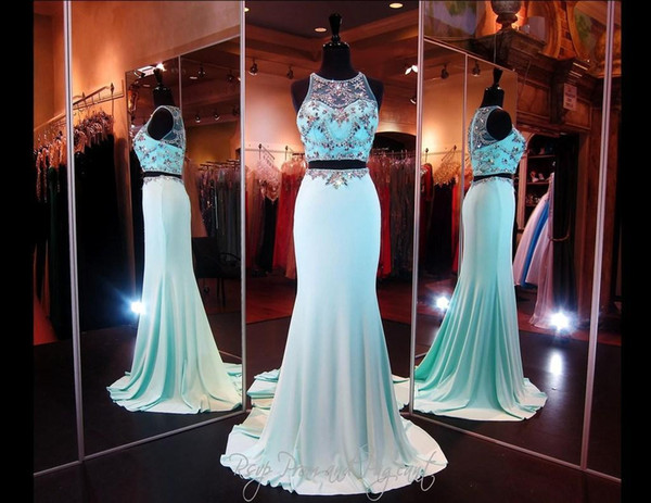 Unique Two Piece Prom Dresses Party Evening Gowns Mermaid Sheer Neck Crystals Floor Length Long Pageant Custom Made Evening Gowns HY06