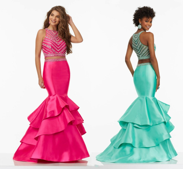 New Design Satin Mint Green Prom Dresses Mermaid Two Pieces Tiered Beaded Sweep Train Prom Formal Party Dresses DH4011