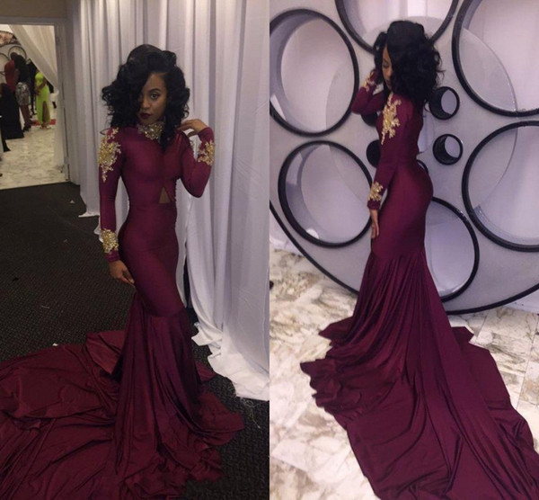 Wine Red Mermaid Prom Dresses Sexy South African Gold Appliques Burgundy Long Formal Evening Party Gown Custom Made Plus Size