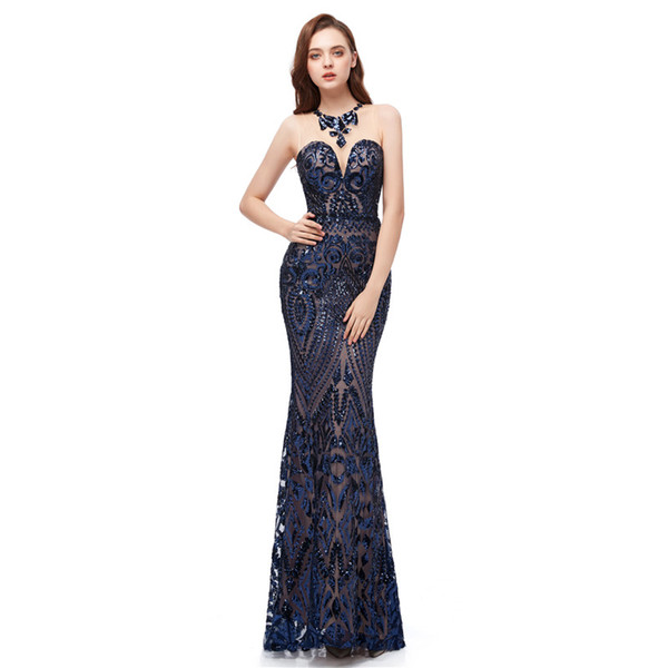 Navy blue Prom Dresses with sequins sleeveless Party Dresses new floor length Mermaid Evening Gowns Vestidos